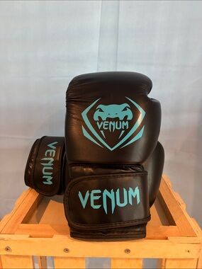 10 oz Venum Black Boxing Gloves with Teal Logo